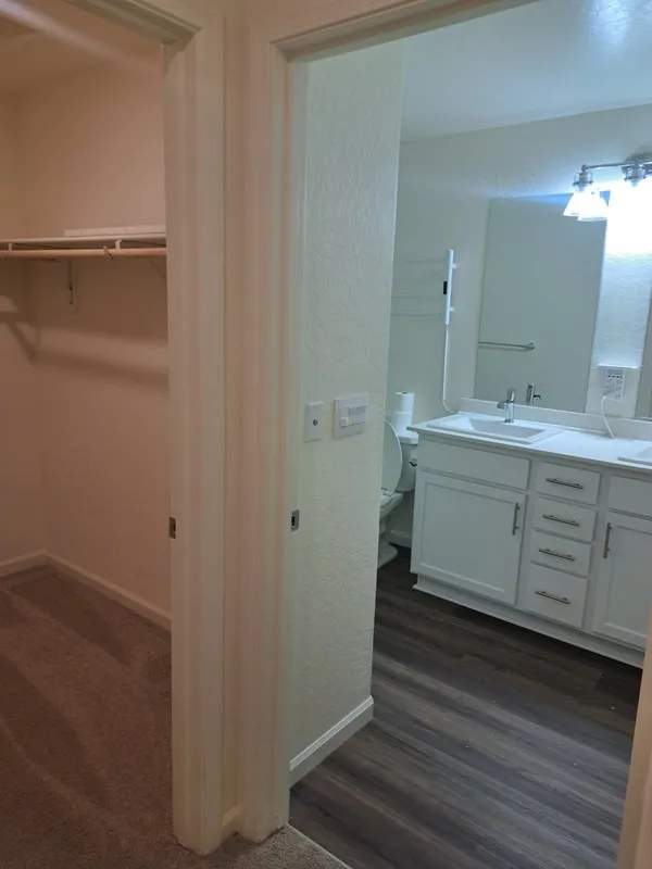 Walk-in closet opening onto a bathroom