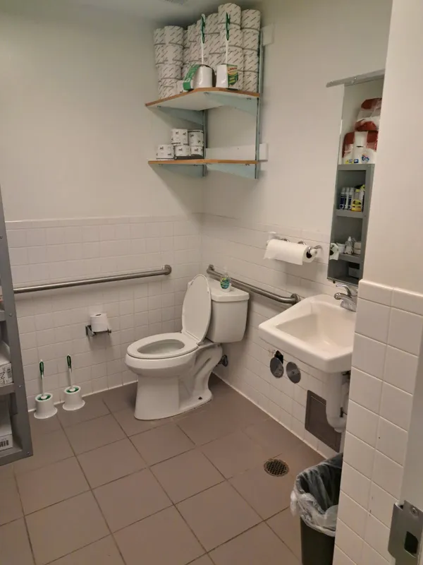 Accessible restroom with grab bars and supply shelves
